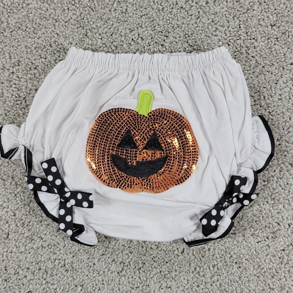 Mud Pie Baby Pumpkin Bloomers 0-6 Months White Orange Sequin Ruffle Bow Trim